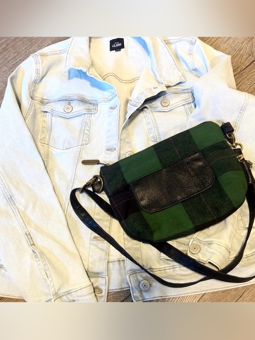 RSD Olivia Green Plaid Crossbody Bag Black Leather Western Like New
